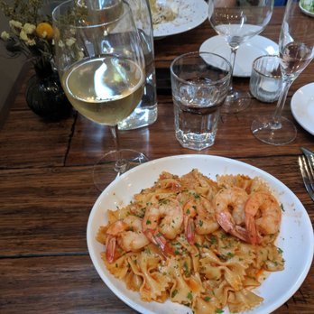 Bar Solita - Farfalle pasta w shrimp & a glass of albariño white wine; happy hour sparkling rosé was  too! - Wine Bars Near Me - Richmond, Virginia