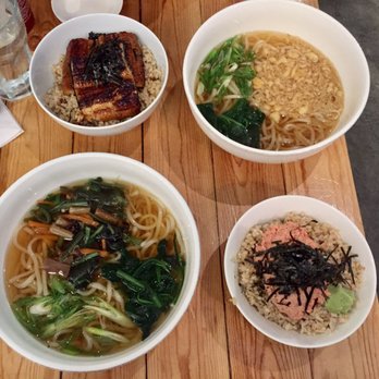 Fukada - 2 dinner combos: udon with mixed veggies and spicy tuna don (front) + unagi don and udon with tempura flakes (back) - Japanese Near Me - Irvine, California