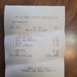 Reflections - Oakland Community College - $19.08 with tax. You must leave the tip in cash.