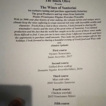 The Black Olive - Wine dinner menu. - Seafood Near Me - Baltimore, Maryland