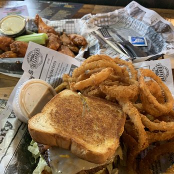 Big City Wings - Bacon & avocado burger with Texas toast.. amazing onion rings and a side of Buffalo Wings... - Chicken Wings Near Me - Kingwood, Texas Big City Wings - Bacon & avocado burger with Texas toast.. amazing onion rings and a side of Buffalo Wings... - Chicken Wings Near Me - Kingwood, Texas
