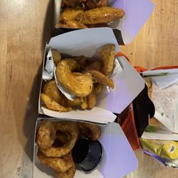 6 Piece Honey Garlic Lemon Pepper Wings, Curly fries, Onion Rings.