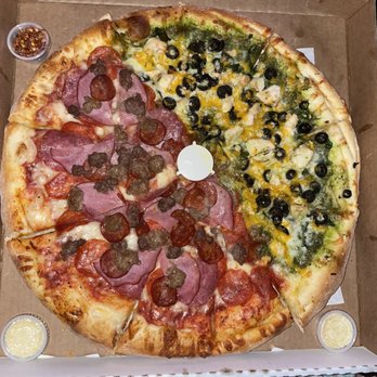 Cybelle's Pizza - Half and Half Pizza Meat Pie Pizza/Greek Goddess Pizza with chicken! - Pizza Near Me - Oakland, California
