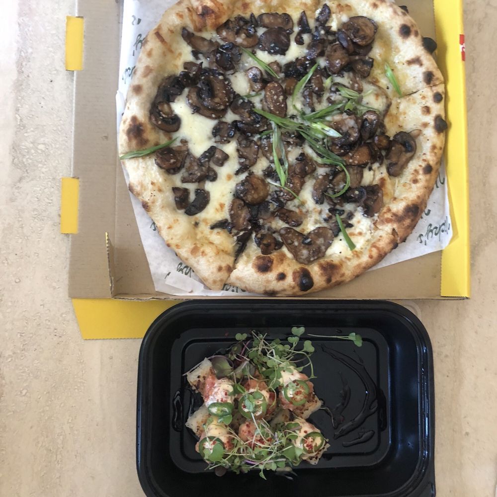 Mushroom Pizza and crispy rice tuna