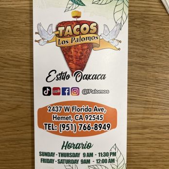 Tacos Los Palomos - Menu Cover - Mexican Near Me - Hemet, California Tacos Los Palomos - Menu Cover - Mexican Near Me - Hemet, California
