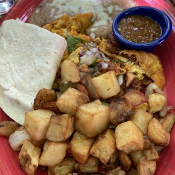 Tower Cafe - "Chorizo Con Huevos" w/refried beans, homemade flour tortillas, and angry salsa - Breakfast & Brunch Near Me - Sacramento, California