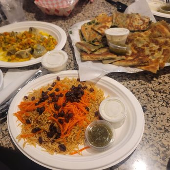 Baba Kabob - Raisin rice, mantu, half spinach half potato bolani, sambosa. - Mediterranean Near Me - San Diego, California