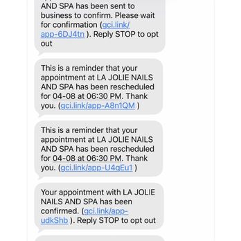 La Jolie Nails And Spa - Rescheduled my apt to not be able to take me. - Nail Salons Near Me - Tracy, California La Jolie Nails And Spa - Rescheduled my apt to not be able to take me. - Nail Salons Near Me - Tracy, California