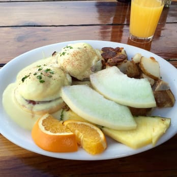 Blue Sky Bistro - The Blue Sky Benedict with fresh fruit. - Seafood Near Me - Morro Bay, California Blue Sky Bistro - The Blue Sky Benedict with fresh fruit. - Seafood Near Me - Morro Bay, California