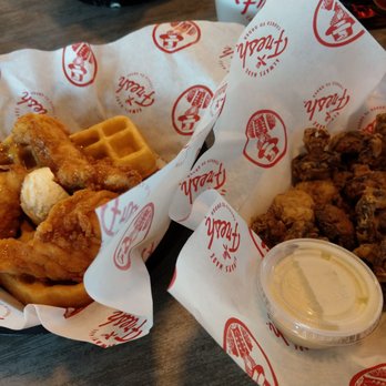 Slim Chickens - Chicken &waffles were on sale $5, National Waffle Day!  Got some Fried Mushrooms, pretty good, $5. - Chicken Wings Near Me - Amarillo, Texas