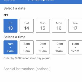 Sam's Club - "Order by 3 PM for same day pick up" but no option to pick up today, Thursday 09/12 ordered at 8:35 AM - Wholesale Stores Near Me - Murrieta, California Sam's Club - "Order by 3 PM for same day pick up" but no option to pick up today, Thursday 09/12 ordered at 8:35 AM - Wholesale Stores Near Me - Murrieta, California