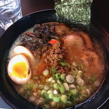 Ramen Dayo! - Top-View of Tonkotsu-Miso bowl with Aji-Tama and Spicy Ground Pork - Ramen Near Me - Glasgow, GLG