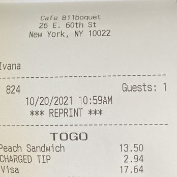 Cafe Bilboquet - $13.59 plus Tax and tip 10/20/21 - Cafes Near Me - New York, New York