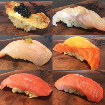 Robin - Nigiri: Chip w/ caviar, Okoge (?) w/ its liver, Shima aji w/ yuzu, ponzu, Sake toro w/ peach, Akami (Bluefin shoulder, Japan), Chutoro - Sushi Bars Near Me - San Francisco, California Robin - Nigiri: Chip w/ caviar, Okoge (?) w/ its liver, Shima aji w/ yuzu, ponzu, Sake toro w/ peach, Akami (Bluefin shoulder, Japan), Chutoro - Sushi Bars Near Me - San Francisco, California
