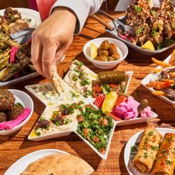 MAZRA - Falafel Mezza Sampler. Baba Ghannoush, Hummus, dolma. Tzatziki, Arabic Salad, Tabbouleh, 6 pieces of falafel and 2 pieces of fresh Pita