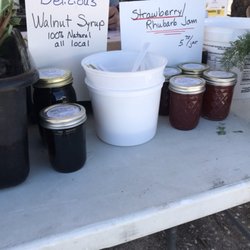 Village Pointe Farmers Market - Walnut syrup and strawberry rhubarb jam at Farmer Johns.