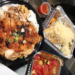 We got some katsu Don (the rice and eggs are delicious), tuna & avocado, and rolls We got some katsu Don (the rice and eggs are delicious), tuna & avocado, and rolls