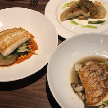 Zasu - Sautéed snapper (bottom right), sautéed halibut (middle left) and Wild Mushroom and Potato Perogies (Top right) - New American Near Me - New Orleans, Louisiana