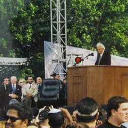 Billy Graham at his last NYC crusade in Flushing Meadow Park and Pastor Johanson of Evangel sitting  on the platform