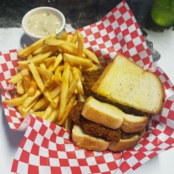 The One Horse Saloon and Grill - Chicken fried hamburger with fries and a side of country gravy