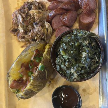 Ole Crow Tavern - 2 meats (pulled pork & sausage) Sides: collard greens and a loaded potato - Barbeque Near Me - Kingsport, Tennessee Ole Crow Tavern - 2 meats (pulled pork & sausage) Sides: collard greens and a loaded potato - Barbeque Near Me - Kingsport, Tennessee