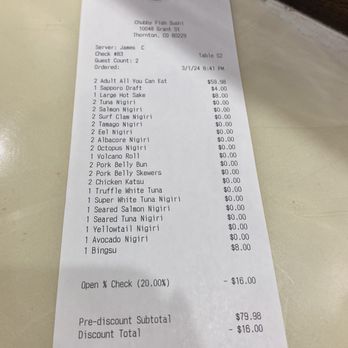 Chubby Fish Sushi - For t 2 hrs that's all we ordered. - Sushi Bars Near Me - Denver, Colorado