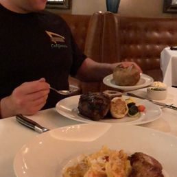 Seafood fettuccine and sirloin
