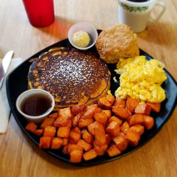 The Blue Hen Cafe - Pumpkin pancake, sweet potato home fries, biscuit, eggs - Southern Near Me - Saint Augustine, Florida