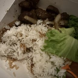 Cold, hard, old rice. This is after one bite. Steak was skimp. For $26 including tip not worth it.