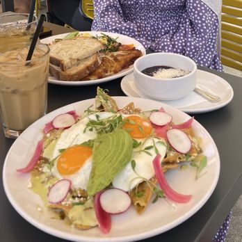 Poached Kitchen - Chilaquiles with salsa verde, iced vanilla latte - Coffee & Tea Near Me - Anaheim, California