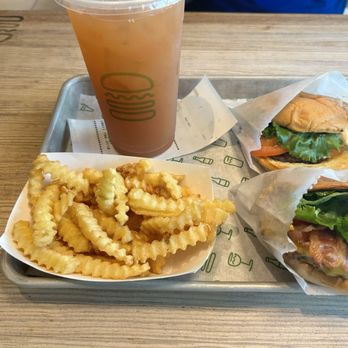Shake Shack Addison - Double Smash burger with Bacon and single with no bacon . French Fries & Strawberry Lemonade - Burgers Near Me - Dallas, Texas