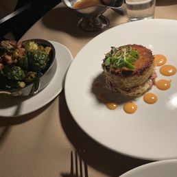 Crab cake and brussels sprouts Crab cake and brussels sprouts