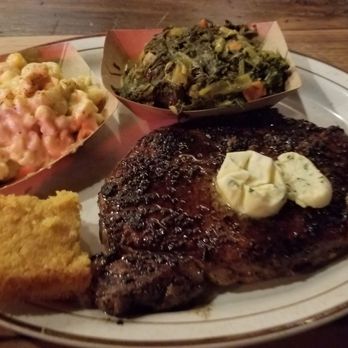 Dinosaur Bar-B-Que - Rib-eye, mac n cheese, greens, and cornbread - Barbeque Near Me - Syracuse, New York