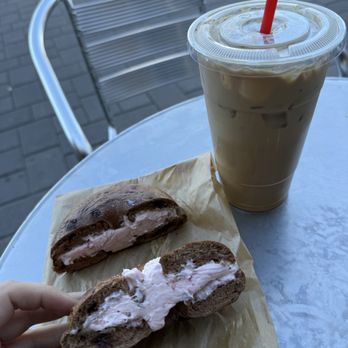 East Coast Bagel - Chocolate chip bagel with strawberry cream cheese. Large iced caramel latte - Bagels Near Me - Irvine, California
