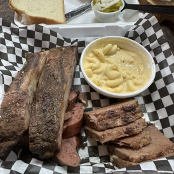 Winners BBQ - 3 meat plate (Brisket, ribs, sausage) Mac and cheese and coleslaw - Barbeque Near Me - Plano, Texas