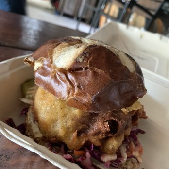 Southern Fried Vegan - Beer-Cheeze Battered Beyond Burger $20 w/ 1 side - actually pretty tasty, I won't lie. - Vegan Near Me Southern Fried Vegan - Beer-Cheeze Battered Beyond Burger $20 w/ 1 side - actually pretty tasty, I won't lie. - Vegan Near Me