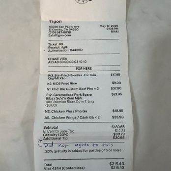 Tigon - Receipt being double charge for tip - Vietnamese Near Me - El Cerrito, California Tigon - Receipt being double charge for tip - Vietnamese Near Me - El Cerrito, California