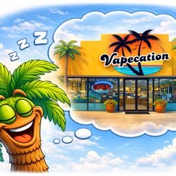 Vapecation Vape and CBD HQ - Paulie (PT) is our palm tree mascot dreaming about Vapecation, a tropical-themed vape shop in Weslaco, Texas.