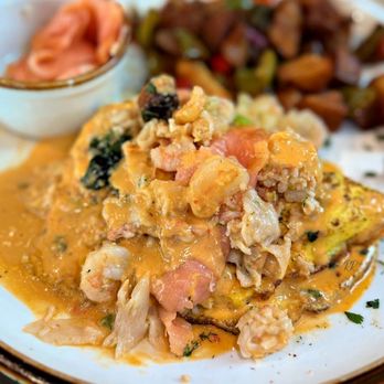Le Gabrielle Crepes & Waffles - Monroe - Build your own omelet: sausage & spinach topped with smoked salmon, lobster & shrimp and smothered in lobster bisque - Creperies Near Me - Monroe, Georgia