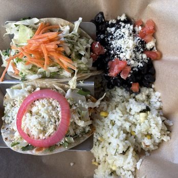 Modern Margarita - Two Tacos: Korean Beef (Top), Nashville Hot Chicken (Bottom) with beans & rice - Bars Near Me - Phoenix, Arizona Modern Margarita - Two Tacos: Korean Beef (Top), Nashville Hot Chicken (Bottom) with beans & rice - Bars Near Me - Phoenix, Arizona