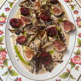 panela ajo blanco + confit maiitake, figs n cherries & fig leaf oil
