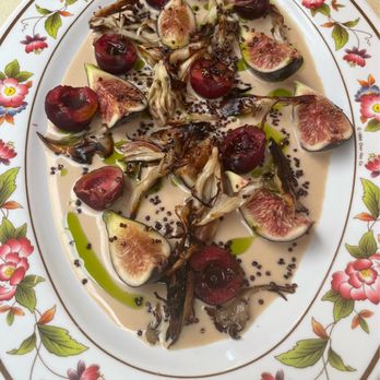 Sunday C&C Eatery - panela ajo blanco + confit maiitake, figs n cherries & fig leaf oil - Food Trucks Near Me - Brooklyn, New York