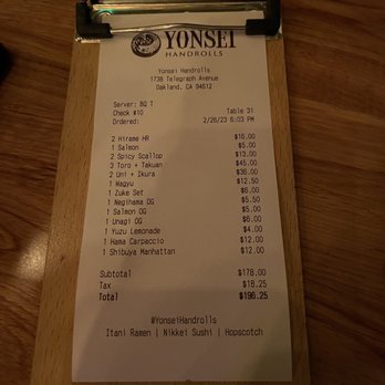 Yonsei Handrolls - Bill after we had to tell them they over charged for the Manhattan - Japanese Near Me - Oakland, California Yonsei Handrolls - Bill after we had to tell them they over charged for the Manhattan - Japanese Near Me - Oakland, California