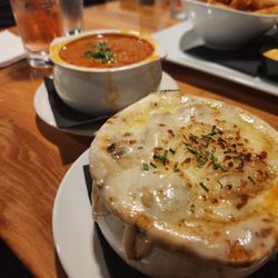 French Onion soup and roasted red pepper Bisque