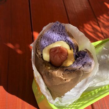 Hula Dog - Bacon taro bread with polish sausage with all the toppings - Hot Dogs Near Me - Honolulu, Hawaii Hula Dog - Bacon taro bread with polish sausage with all the toppings - Hot Dogs Near Me - Honolulu, Hawaii