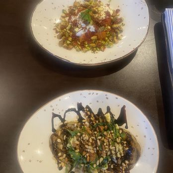Cru Quarters At The Mayflower - Moscato Peaches (top) and GRILLED EGGPLANT CAPRESE STACK (bottom) - Wine Bars Near Me - Winter Park, Florida