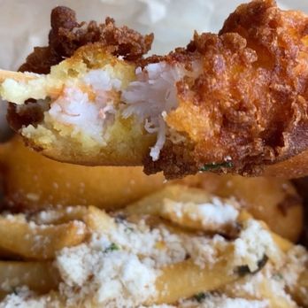 Big Ray's Fish Camp - Carnival Shrimp Corn Dog with a side of Parmesan Garlic Fries - Seafood Near Me - Tampa, Florida