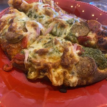 Above Ground Pizza - Supreme 7in pizza. Pickled onions, roasted peppers and pesto - Pizza Near Me - New Braunfels, Texas Above Ground Pizza - Supreme 7in pizza. Pickled onions, roasted peppers and pesto - Pizza Near Me - New Braunfels, Texas