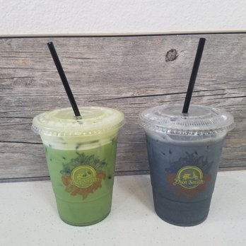Phin Smith - Iced Matcha Latte on the left and Charcoal Latte on the right - Coffee & Tea Near Me - Garden Grove, California Phin Smith - Iced Matcha Latte on the left and Charcoal Latte on the right - Coffee & Tea Near Me - Garden Grove, California