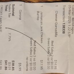Receipt showing over charge for cheese quesadilla Receipt showing over charge for cheese quesadilla
